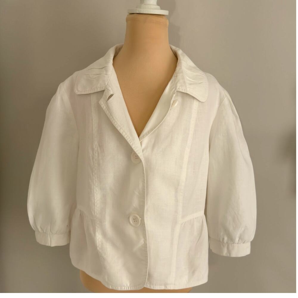 Kim Rogers White Linen‎ Cropped Jacket Size 14 3/4 Sleeve